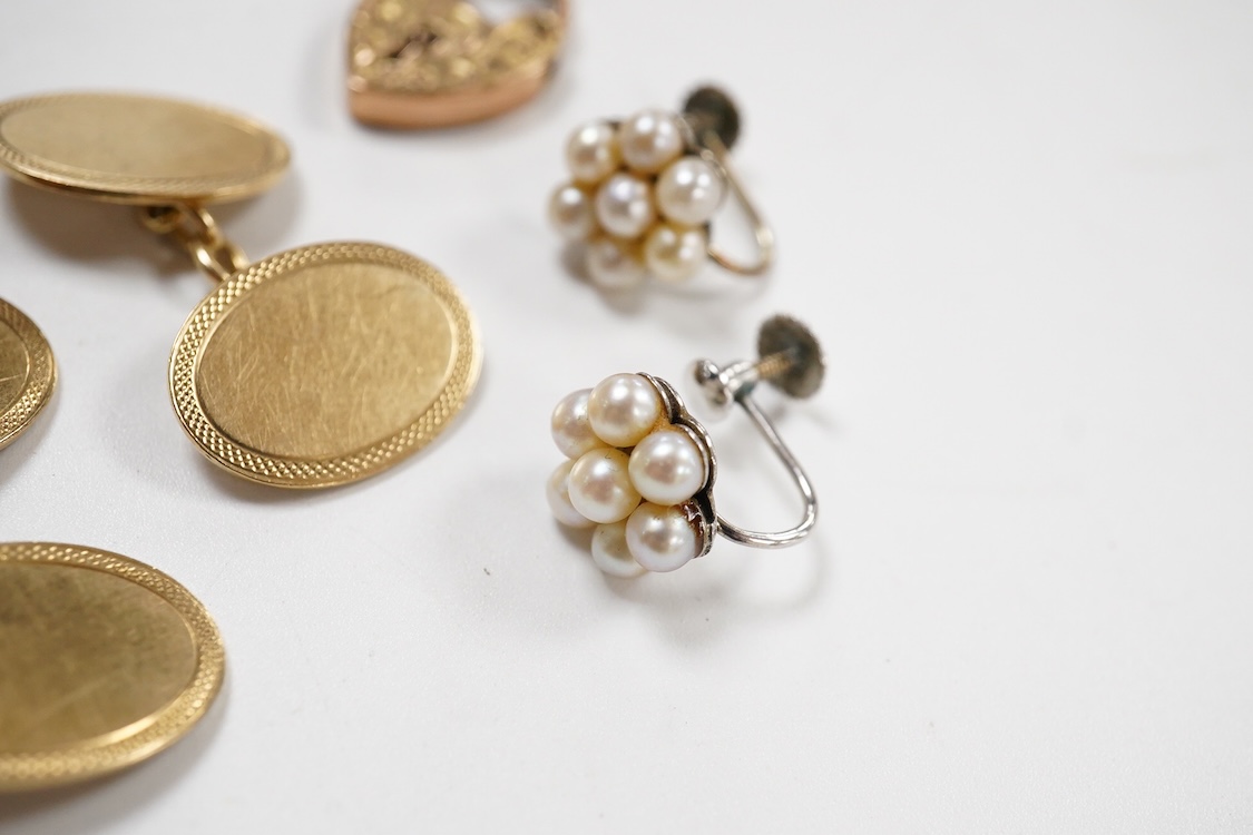 A collection of gold jewels, comprising: a pair of cufflinks by Alabaster & Wilson, mounted in gold, stamped 9ct, combined gross weight approximately 9 grams; together with a Victorian gold heart-shaped padlock clasp wit